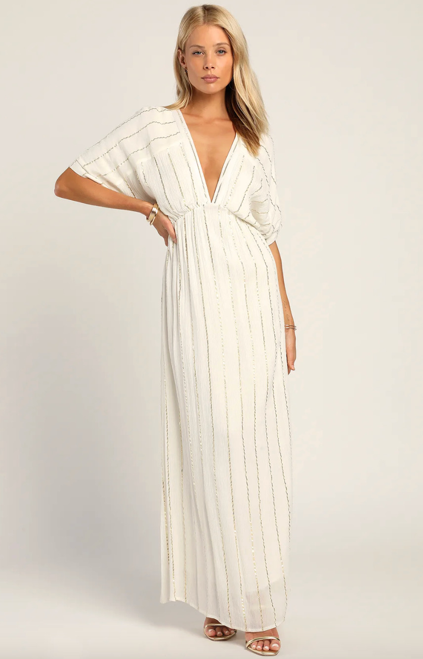 Lulus Goddess Vibes Ivory Gold Striped Dolman Sleeve Maxi Dress Resort XS NWT